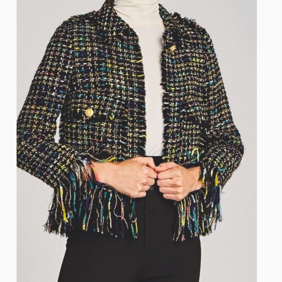 NWT ZARA Tweed Frayed Blazer Jacket Black Multicolor Gold Buttons Wool Blend L - Picture 1 of 15